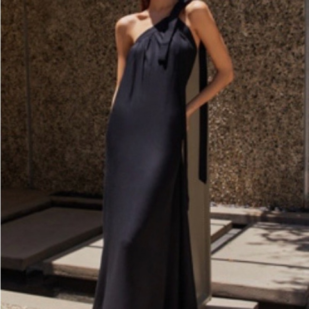 Anthropologie One-Shoulder Black Satin Tie-Gown